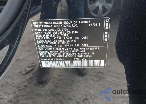 2018 Volkswagen Atlas 3.6L V6 Sel Premium из США, поврежденный, VIN 1V2NR2CA6JC584642